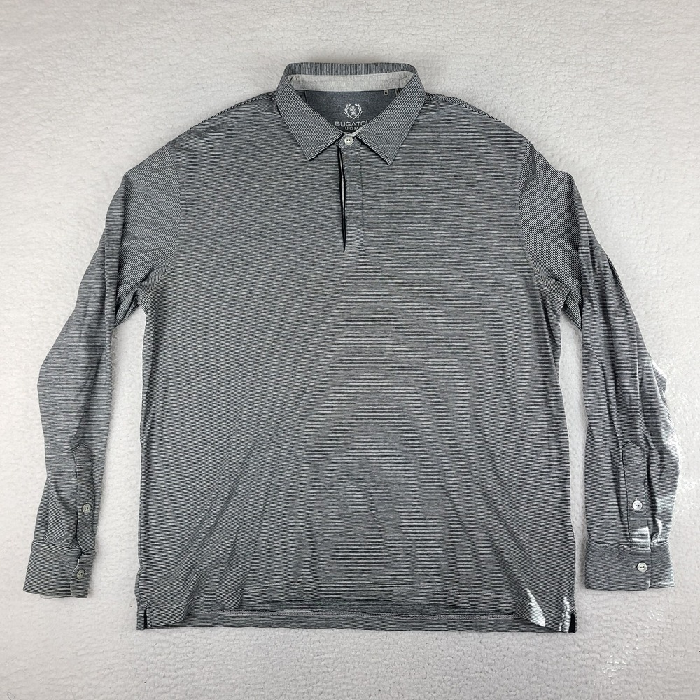 Bugatchi Uomo Polo Shirt Mens XL Black Gray Striped Performance Long Sleeve